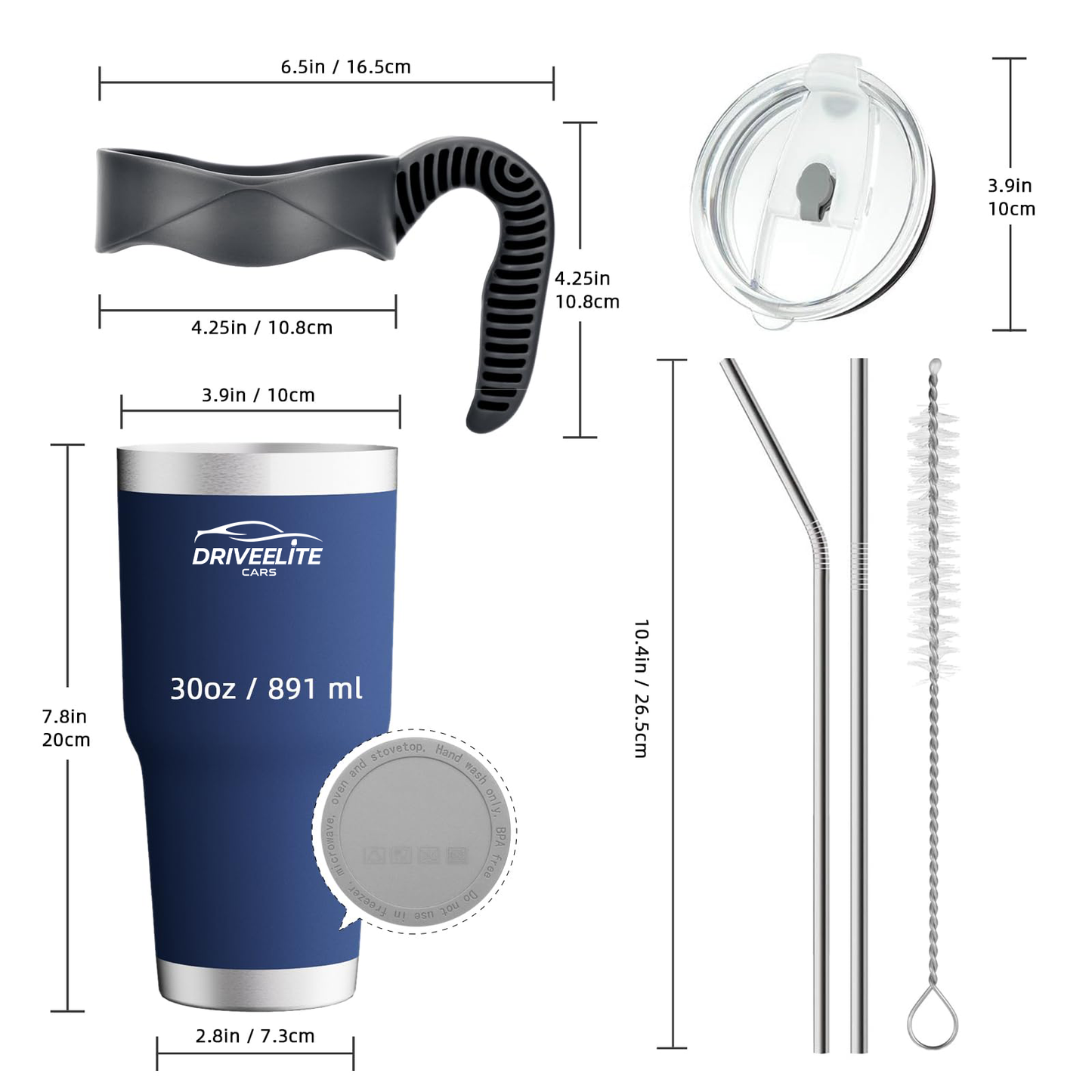Driveelitecars 30oz Stainless Steel Tumbler with Straw & Brush